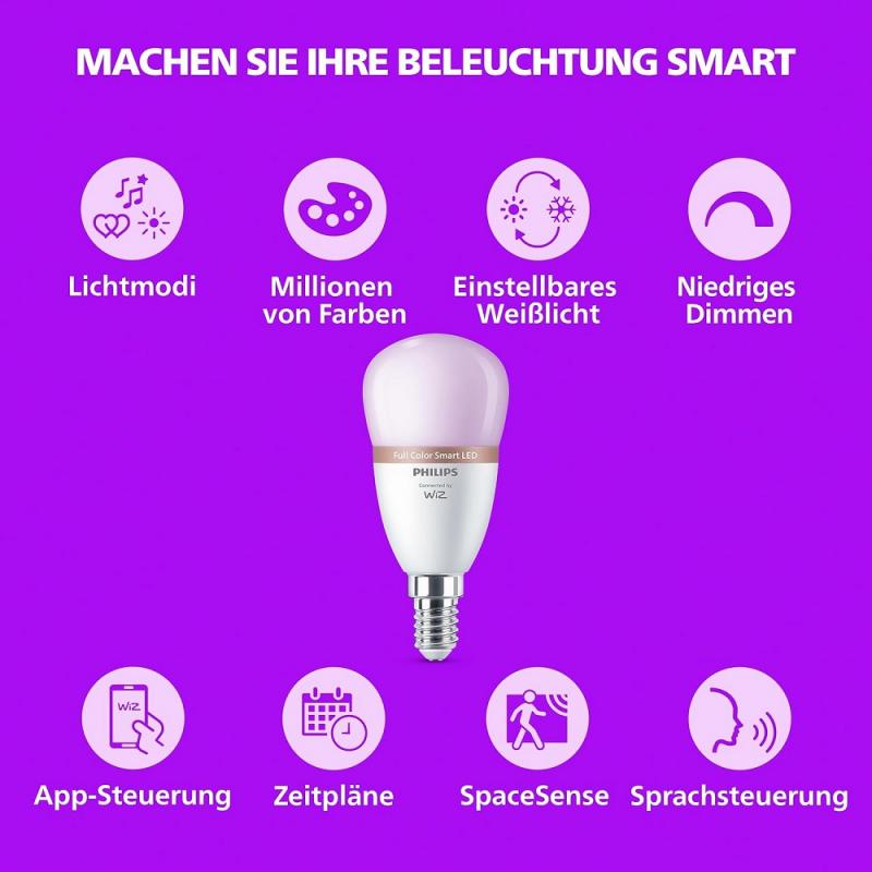 Philips WiZ Smart LED-RGB-Lampe P45 E14 4,9W wie 40W 470lm 2200–6500K dimmbar Matter