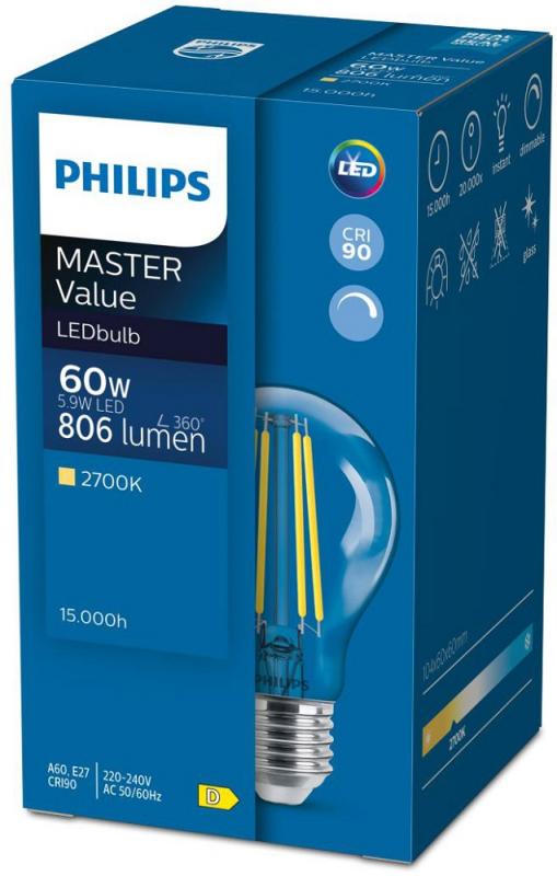 Philips E27 Master LED Lampe 5,9W wie 60W neutralweißes Licht dimmbar Filament klar mit hoher Farbwiedergabe 90Ra