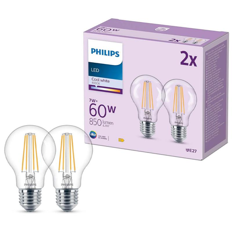 2er Set Philips LEDclassic A60 E27 7W 850lm 4000K Neutralweiß Glühfaden – wie 60 Watt