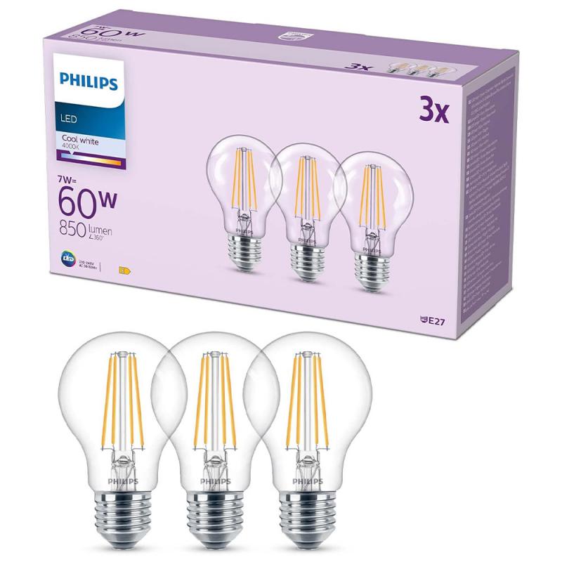 3er Set Philips LEDclassic A60 E27 7W 850lm 4000K Neutralweiß Glühfaden – wie 60 Watt