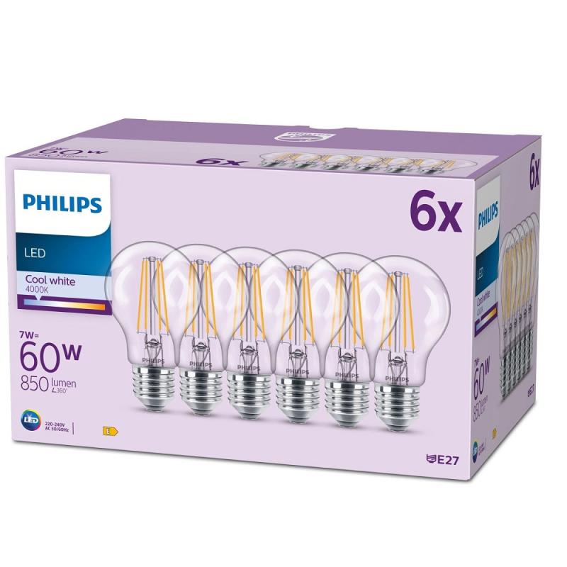 6er Set Philips LEDclassic A60 E27 7W 4000K Neutralweiß Glühfaden – wie 60 Watt