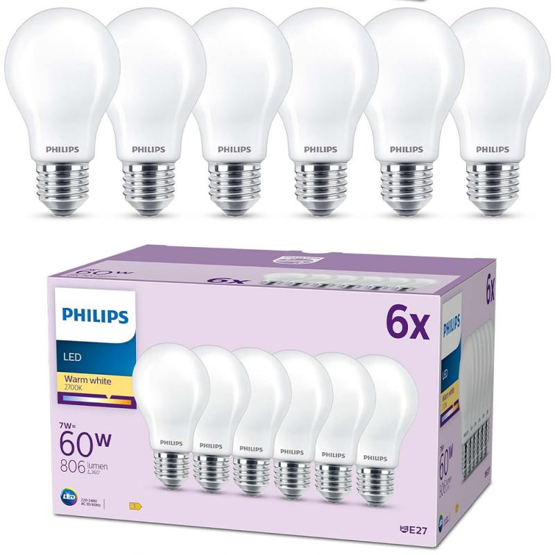 Philips Set mit 6x LED Lampen E27 A60 7W = 60W 806lm 2700K Warmweiß Leuchtmittel birnenform matt Sparset