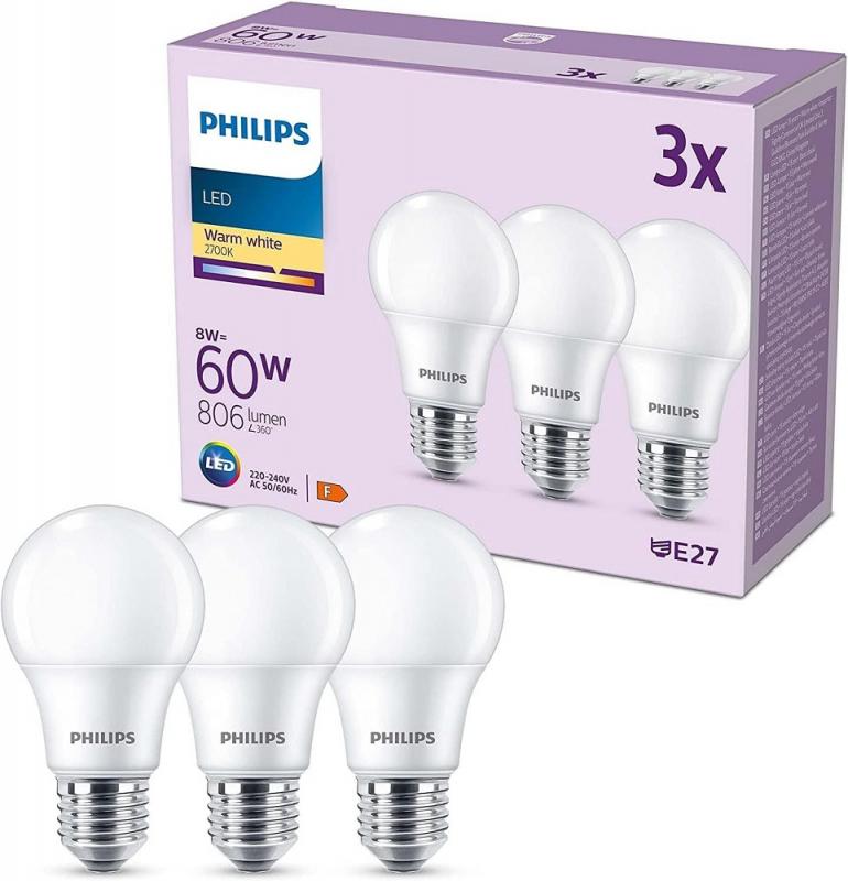 3er Set PHILIPS LED E27 A60 8W = 60W 806lm 2700K warmweiß