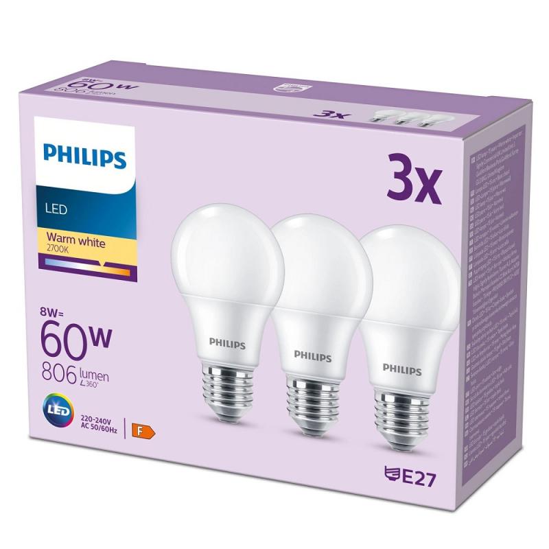 3er Set PHILIPS LED E27 A60 8W = 60W 806lm 2700K warmweiß
