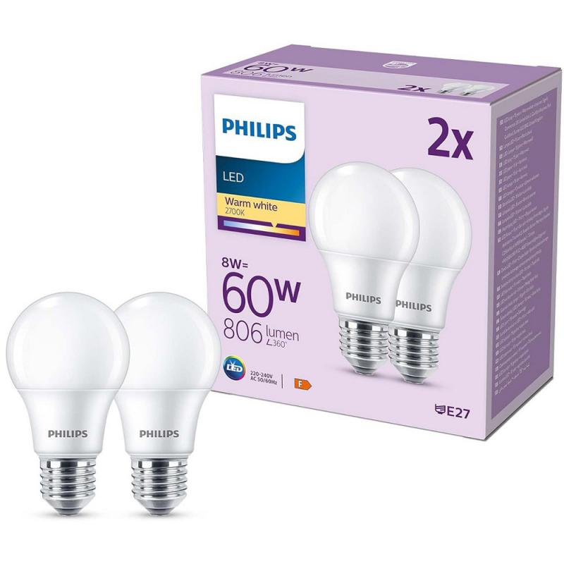 2er Set PHILIPS LED E27 A60 8W = 60W 806lm 2700K warmweiß