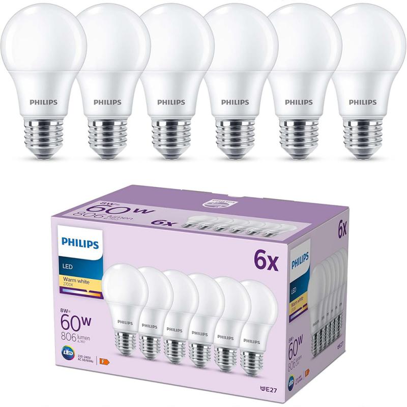 PHILIPS E27 6er PackLED-Lampen 8W wie 60W Warmweißes Licht 2700k