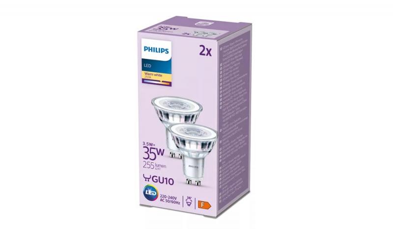 PHILIPS LED Lampen Set 2x GU10 Reflektor 3.5W 2700K Warmweiß 255lm  - Abstrahlwinkel mit 36 Grad