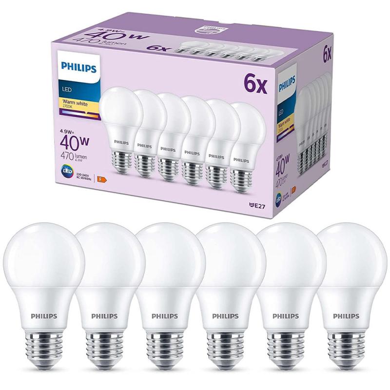 6er Set PHILIPS LED E27 A60 5W = 40W 470lm 2700K warmweiß matt
