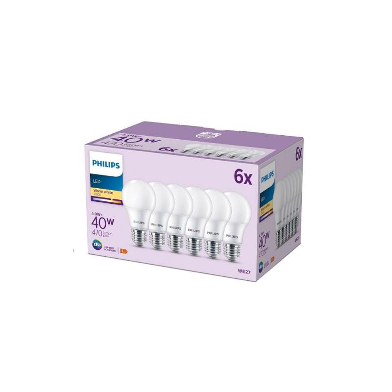 6er Set PHILIPS LED E27 A60 5W = 40W 470lm 2700K warmweiß matt