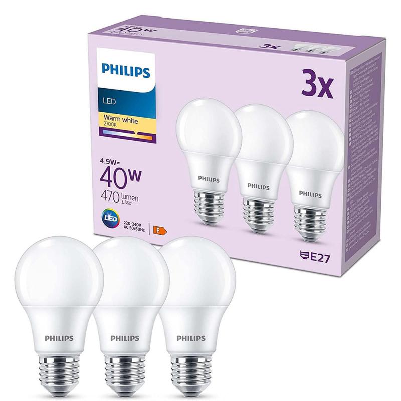 3er Set PHILIPS LED E27 A60 5W = 40W 470lm 2700K warmweiß