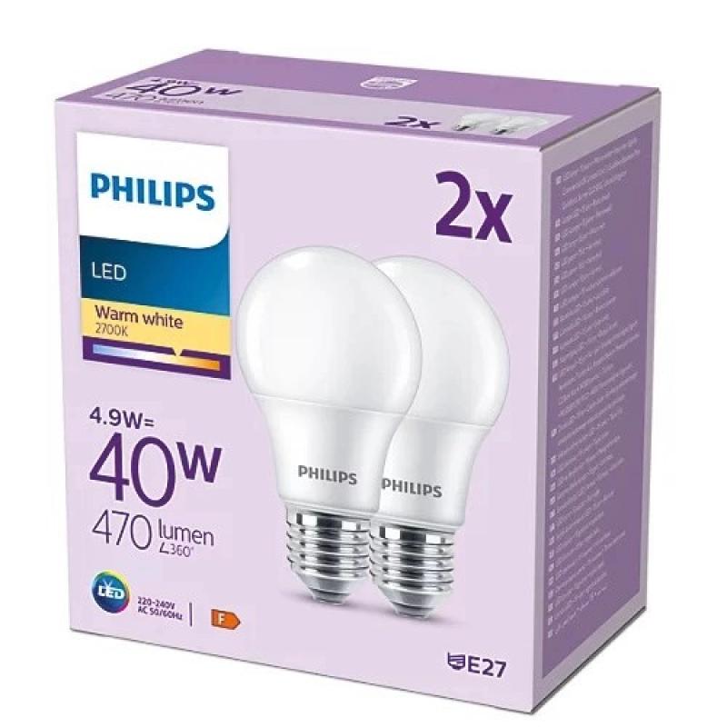 2er Set PHILIPS LED E27 A60 5W = 40W 470lm 2700K extra warmweiß