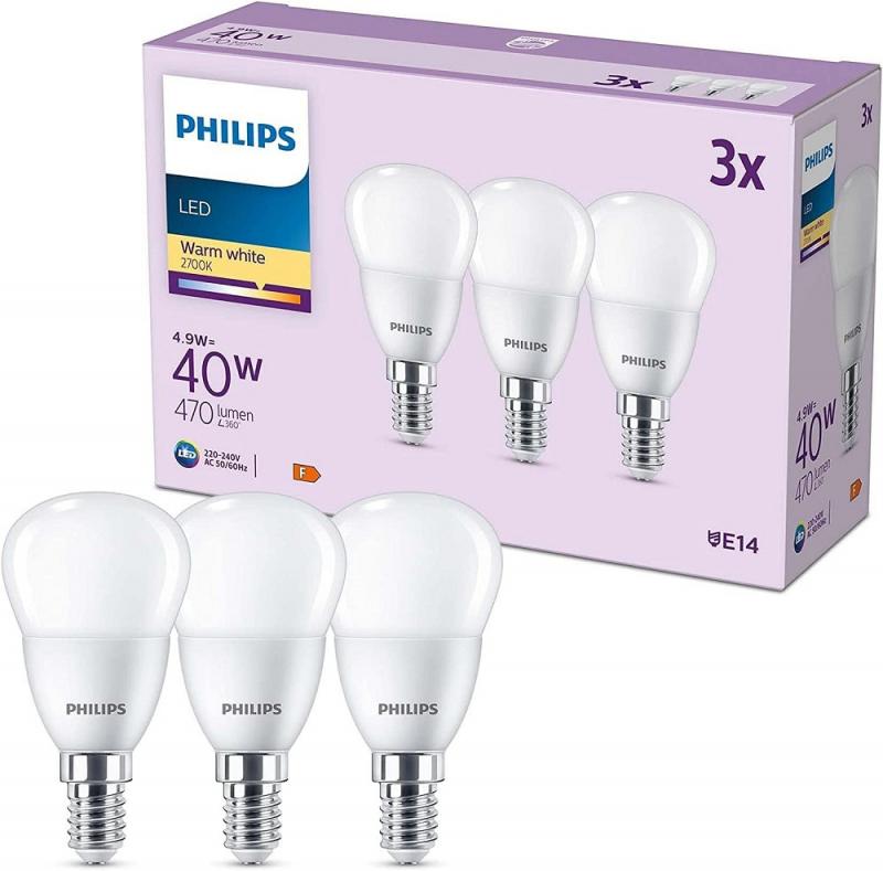 3er Set PHILIPS LED E14 Tropfen D45 4,9W = 40W 470lm 2700K warmweiß