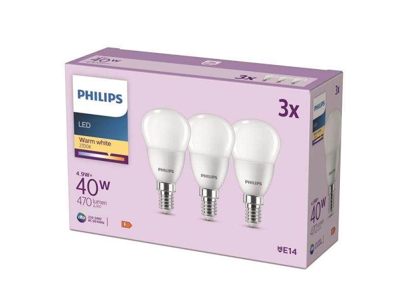 3er Set PHILIPS LED E14 Tropfen D45 4,9W = 40W 470lm 2700K warmweiß