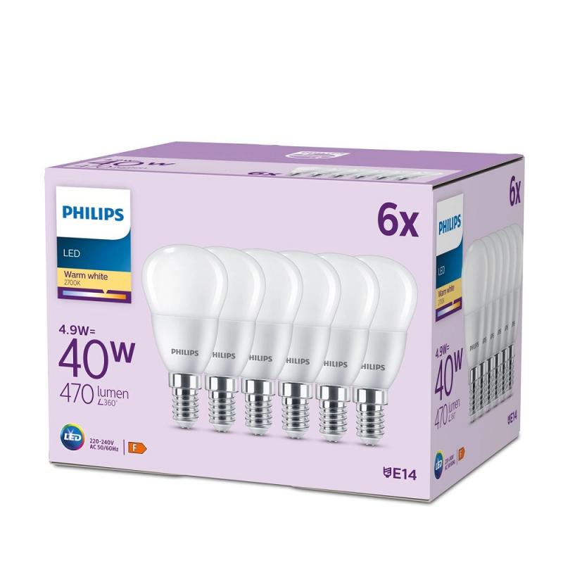 6er Set PHILIPS LED E14 P45 4,9W = 40W 470lm 2700K warmweiß matt