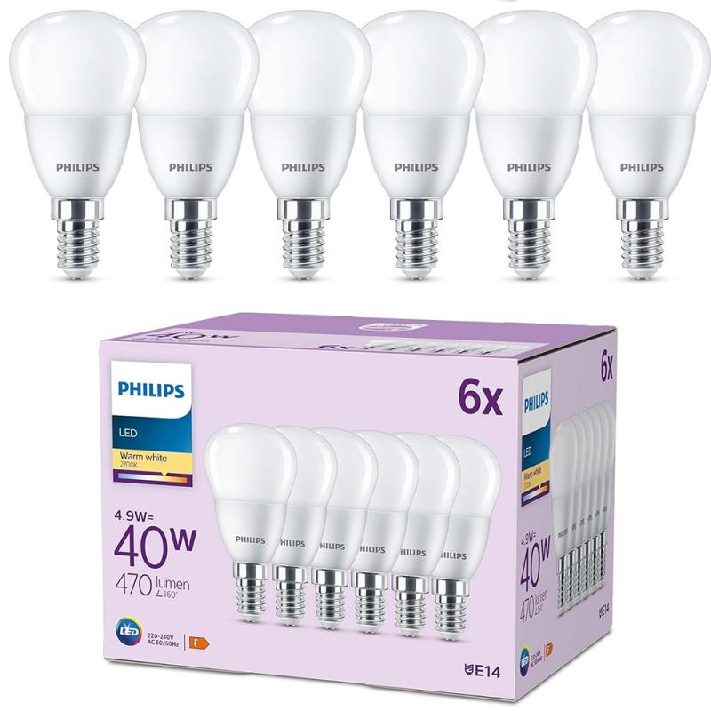 6er Set PHILIPS LED E14 P45 4,9W = 40W 470lm 2700K warmweiß matt