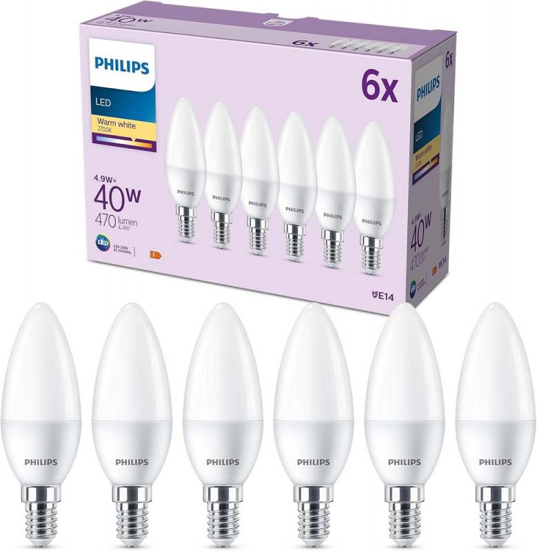 6er Set Philips LED Kerzenlampe E14 B35 4,9W 2700K 470lm warmweiß matt