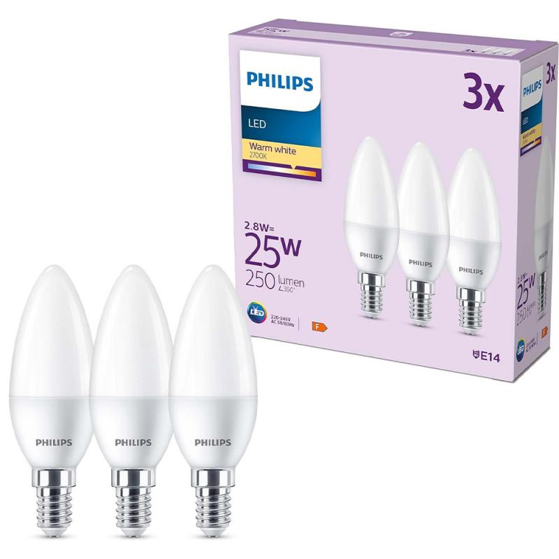 3er Set PHILIPS LED Kerze E14 3W = 25W 250lm 2700K warmweiß matt