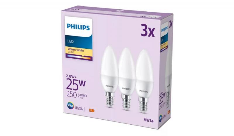 3er Set PHILIPS LED Kerze E14 3W = 25W 250lm 2700K warmweiß matt