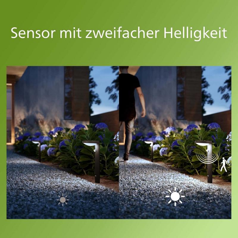 Philips Solar Wegeleuchte Tyla in Anthrazit mit Bewegungsmelder und Dämmerungssensor neutralweißes Licht
