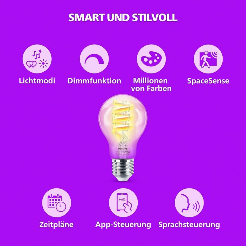 Philips WiZ Smart LED-RGB-Filament A60 E27 6,3W wie 40W 470lm 2200–6500K dimmbar WiFi Bluetooth