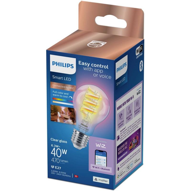 Philips WiZ Smart LED-RGB-Filament A60 E27 6,3W wie 40W 470lm 2200–6500K dimmbar WiFi Bluetooth