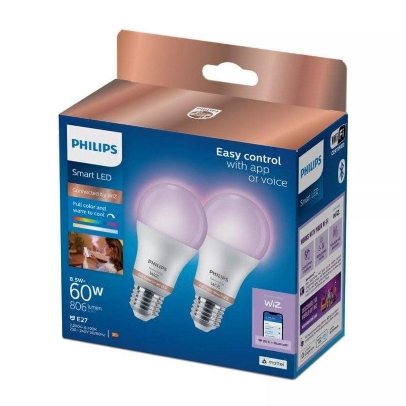 2er-Pack PHILIPS WiZ Smart LED RGB A60 8,5W wie 60W E27 806lm 2200–6500K Matter dimmbar