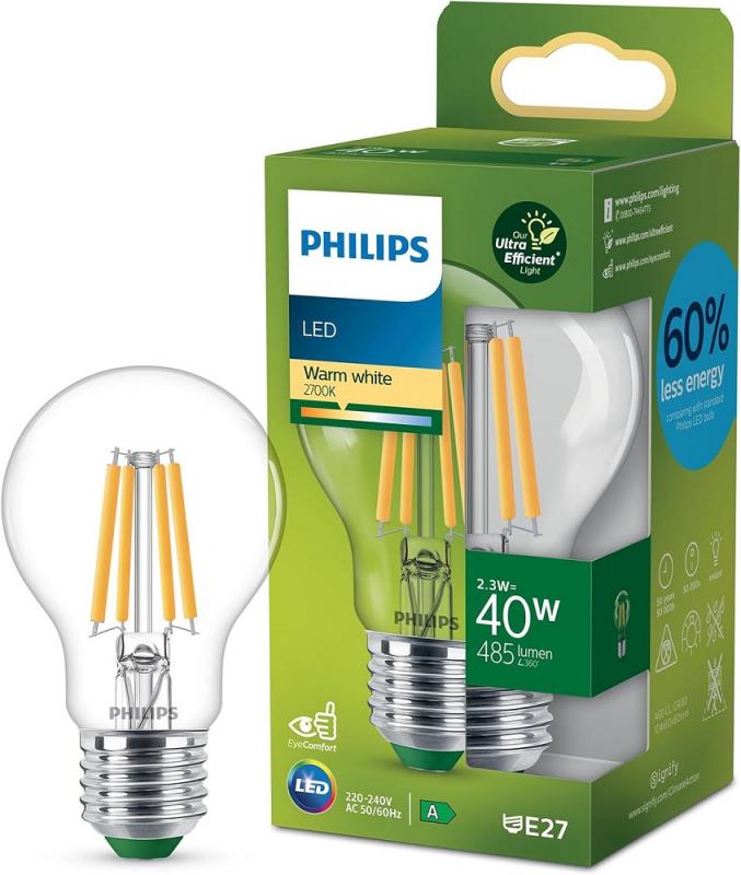 PHILIPS Classic E27 Ultra Efficientes LED Leuchtmittel 2,3W wie 40W warmweißes Licht in trendiger Filamentoptik 2700K