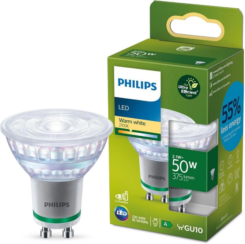 Besonders effizienter PHILIPS GU10 LED Strahler 2,1W wie 50W warmweißes Licht 2700K mit 36 ° Ausstrahlungswinkel