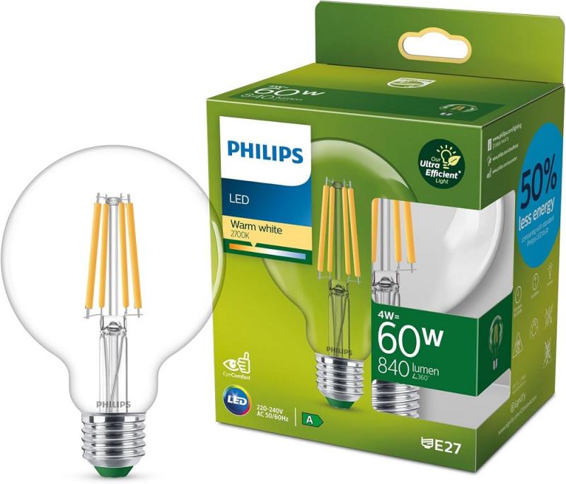Besonders effiziente PHILIPS E27 LED Filament Lampe Globe G95 4W = 60W 2700K warmweißes Licht - Beste Energie Effizienz Klasse