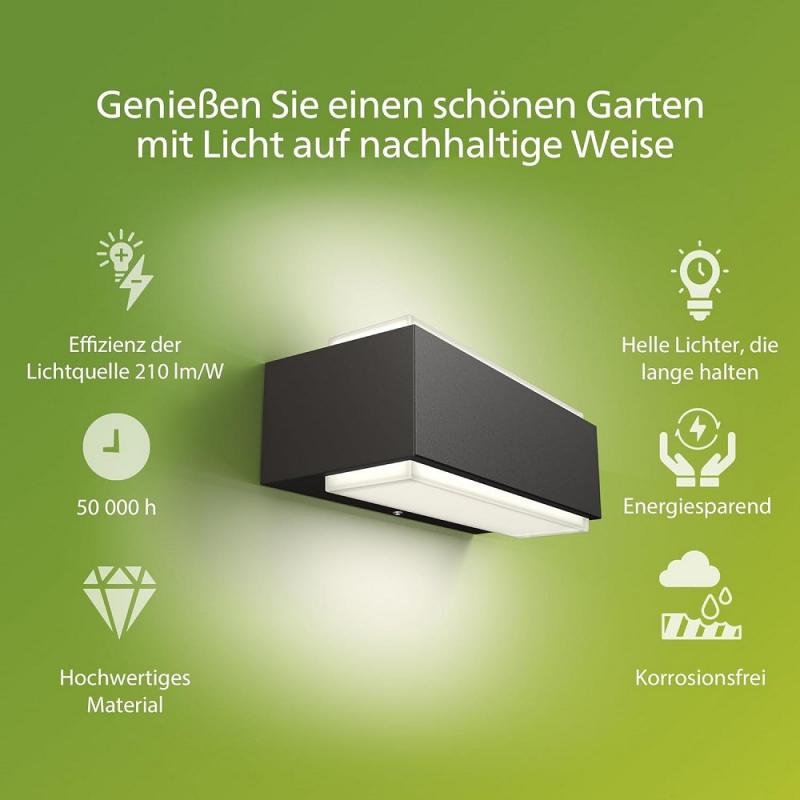 Philips Outdoor Ultra-Efficient Stratosphere Wandleuchte up/down anthrazit 3,8W, 4000K kühlweißes Licht, IP44