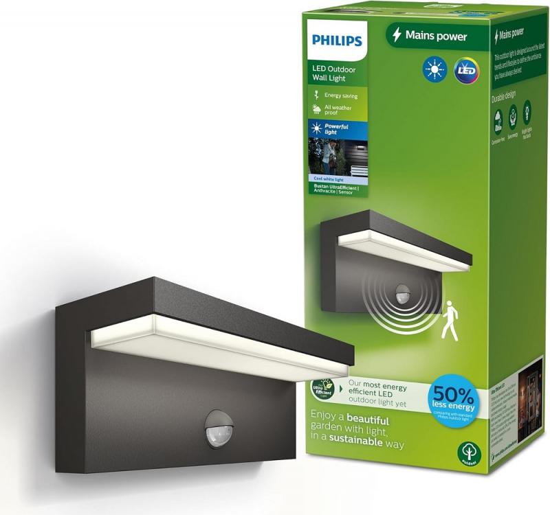 Philips Outdoor Ultra-Efficient Bustan Wandleuchte anthrazit 3.8W, Bewegungssensor, 4000K kühlweißes Licht, IP44