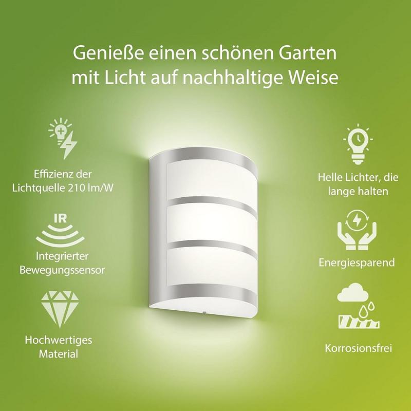 Philips Wandleucht Outdoor Python Ultra-Efficient aus Edelstahl 3,8W, mit Bewegungssensor, 2700 Kelvin, IP44