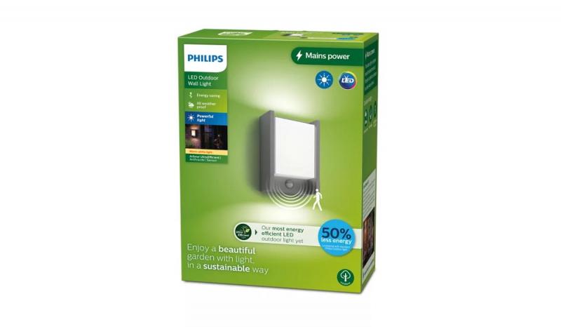 Philips ultraeffiziente Outdoor Wandleuchte Arbour mit Sensor 3,8 W mit warmweißem Licht IP44 anthrazit