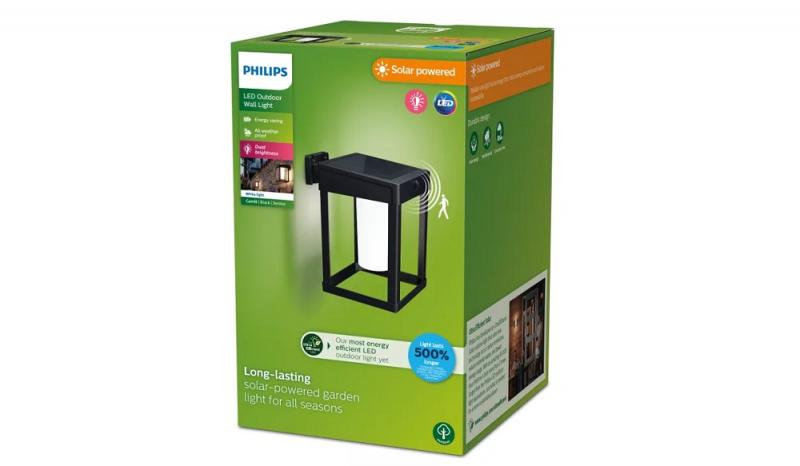 Philips Outdoor Solar Wandleuchte Camill  Ultra-Efficient schwarz 1,4W, Dual-Bright Sensor, eckig, matt, 3000 Kelvin, IP44 wetterfest,
