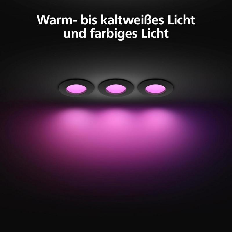 3er-Pack Philips Hue Slim Einbauleuchte, 90 mm, Weiß & Farbiges Licht, Bluetooth kompatibel, Sprachsteuerung mit Alexa, Apple Home & Google Assistant, schwarz