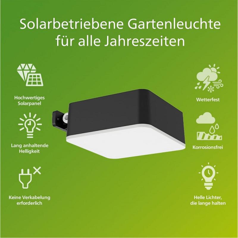 Philips LED Solar Wandleuchte Vynce mit Tageslichtsensor in Schwarz 1,5W IP44
