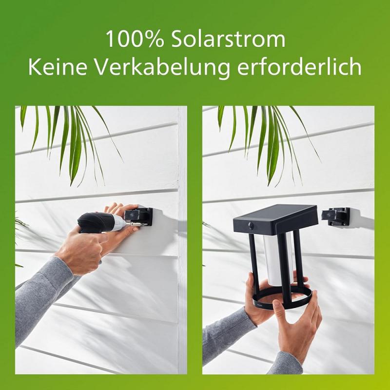 Philips Outdoor Ultra-Efficient Solar Zonal Wandleuchte 1.3W, Tageslicht- und Bewegungssensor, eckig, 3000 Kelvin, schwarz