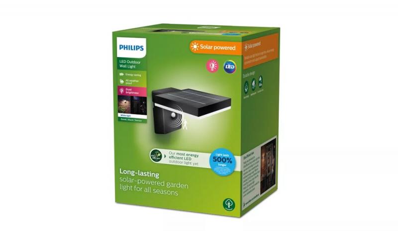 Philips Outdoor Ultra-Efficient Solar Zonal Wandleuchte 1.3W, Tageslicht- und Bewegungssensor, eckig, 3000 Kelvin, schwarz