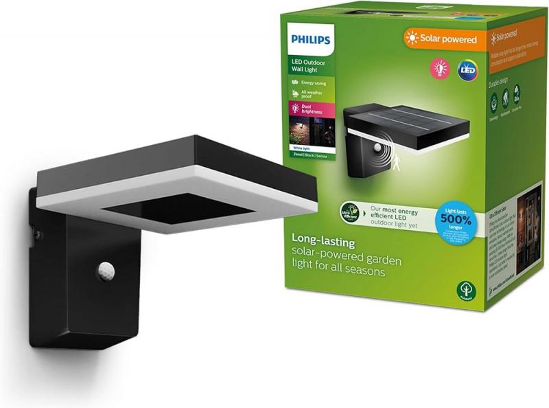 Philips Outdoor Ultra-Efficient Solar Zonal Wandleuchte 1.3W, Tageslicht- und Bewegungssensor, eckig, 3000 Kelvin, schwarz
