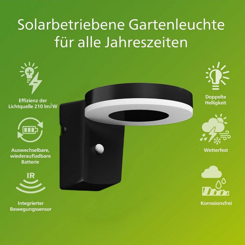 Philips ultra effiziente Solar Wandleuchte Zonal in Schwarz mit Tageslicht- und Bewegungssensor IP44 warmweißes Licht