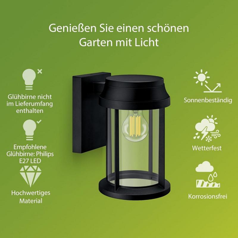 Philips Outdoor Wandleuchte Bellini in Schwarz mit E27 Fassung IP44