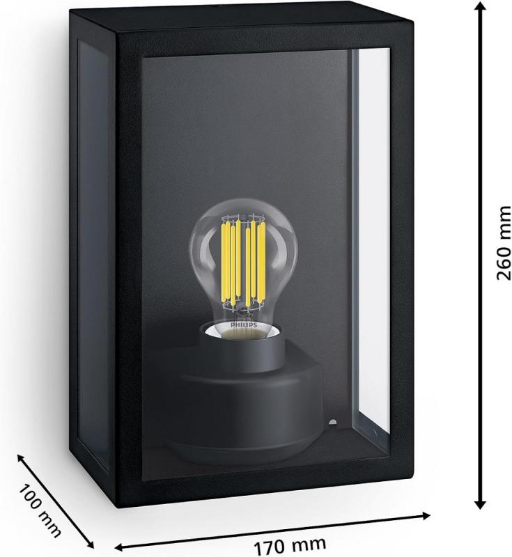  PHILIPS Wandleuchte Alzor für den Außenbereich mit E27 Fassung IP44, Schwarz