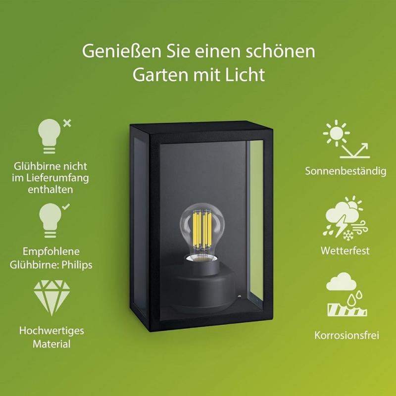  PHILIPS Wandleuchte Alzor für den Außenbereich mit E27 Fassung IP44, Schwarz