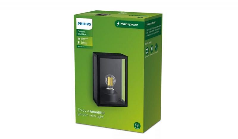  PHILIPS Wandleuchte Alzor für den Außenbereich mit E27 Fassung IP44, Schwarz