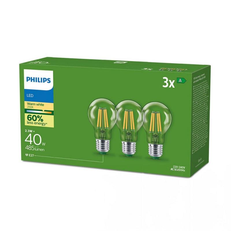 3er Set  Philips LEDclassic Ultra Efficient A60 E27 2,3W wie 60W 806lm 2700K Klar – extrem effiziente Allgebrauchslampe