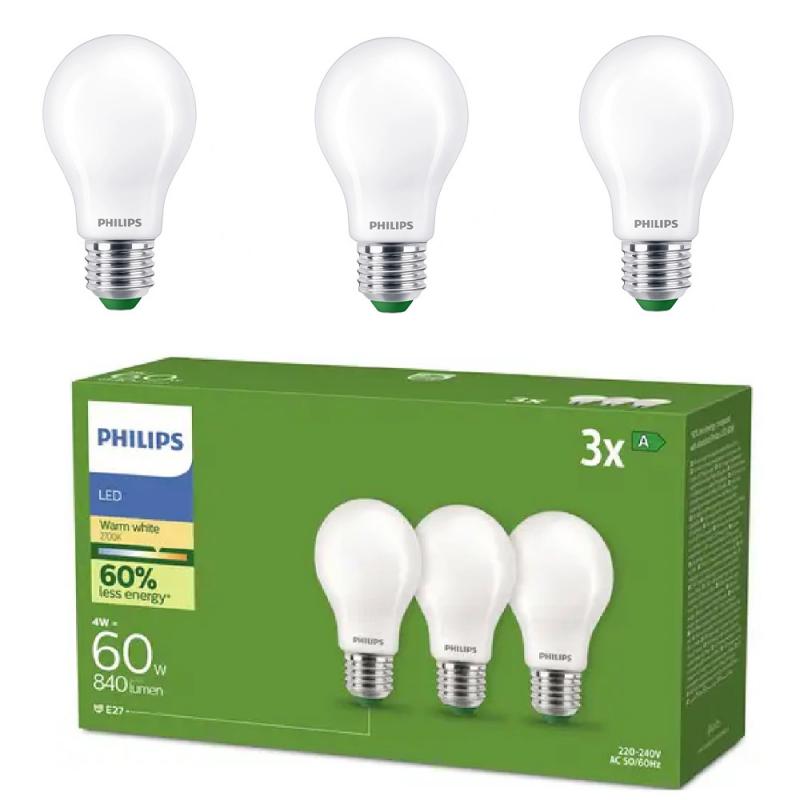 3er Set Philips LEDclassic Ultra Efficient A60 E27 4W 2700K Matt – extrem effiziente LED-Lampe wie 60 Watt