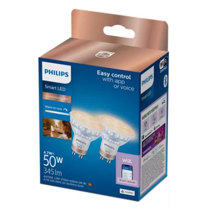 Philips 2er Set WIZ  GU10 Smart Strahler warm- bis kaltweiße Licht 2700-6500K 36° 4,7 W (entspr. 50 W)