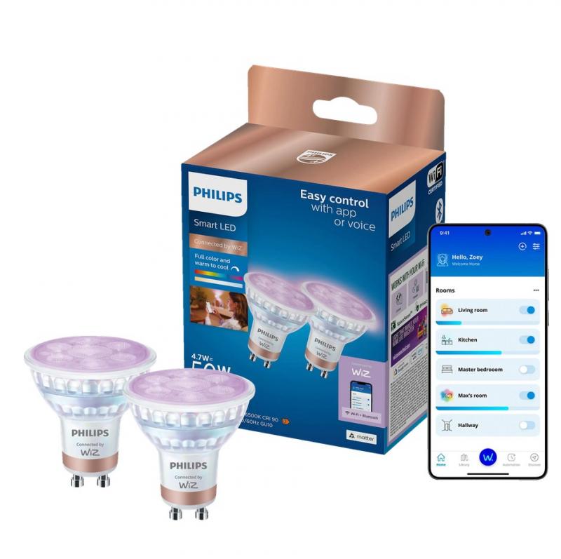 2er-Pack PHILIPS WiZ Smart LED GU10 RGB 4,7W wie 50W 345lm 2200–6500K Matter dimmbar
