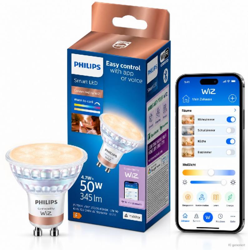 PHILIPS WiZ Smart LED GU10 4,7W wie 50W 345lm 2700–6500K dimmbar Matter Glas