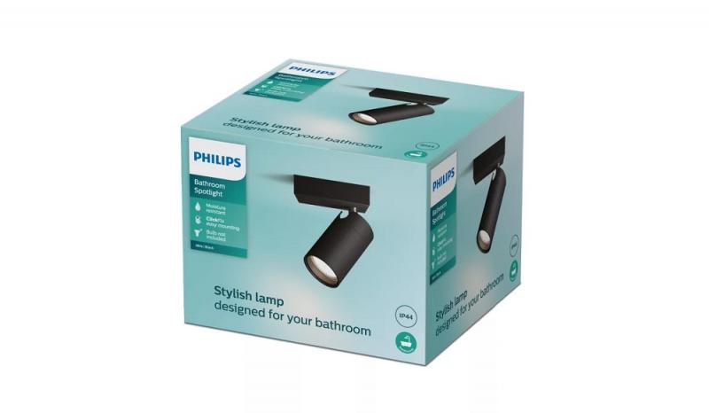 Philips 1er Idris Decken-/Wandspot in Schwarz IP44 - Badezimmer geeignet, dimmbar mit 1 x GU10 Fassung